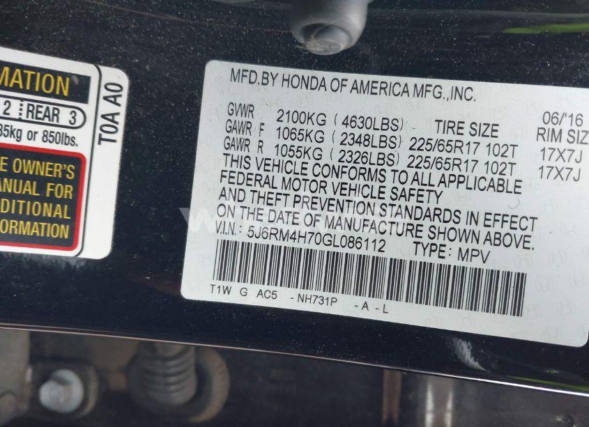 Photo 9 of 2016 Honda Cr-v EX-L (VIN 5J6RM4H70GL086112)