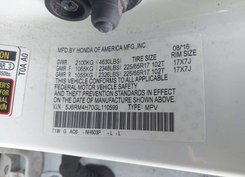 Photo 9 of 2016 Honda Cr-v EX-L (VIN 5J6RM4H70GL110599)