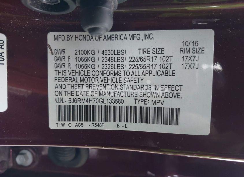 Photo 9 of 2016 Honda Cr-v EX-L (VIN 5J6RM4H70GL133560)