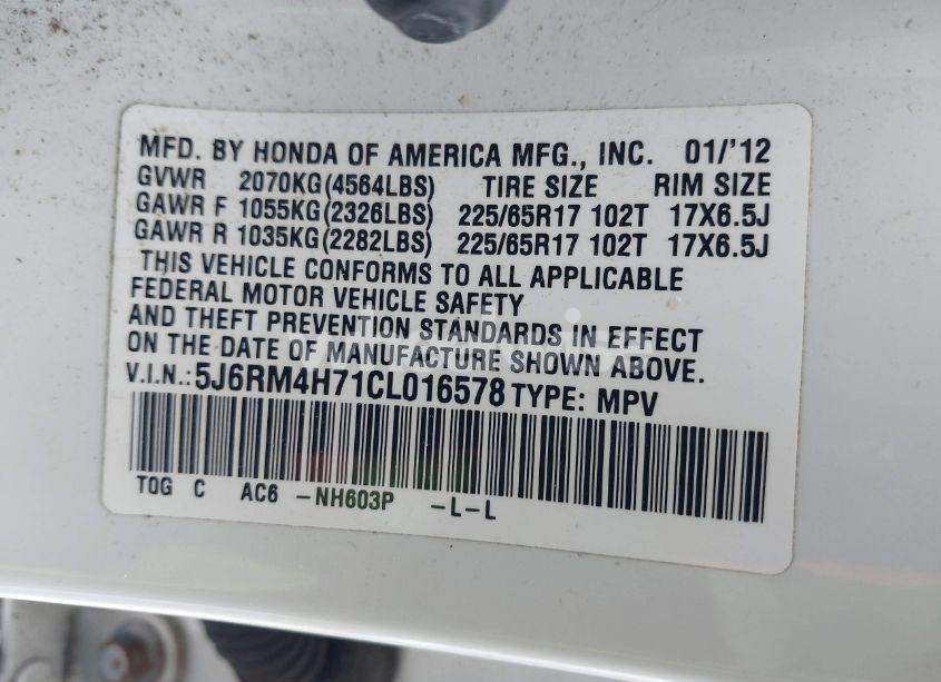 Photo 9 of 2012 Honda Cr-v EX-L (VIN 5J6RM4H71CL016578)