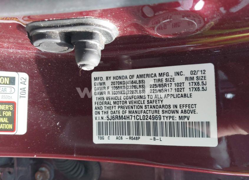 Photo 9 of 2012 Honda Cr-v EX-L (VIN 5J6RM4H71CL024969)