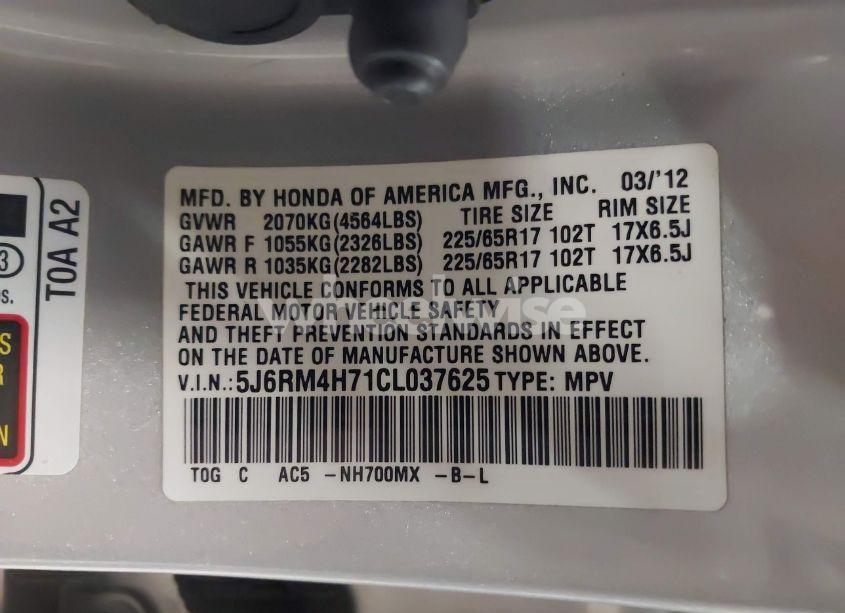 Photo 9 of 2012 Honda Cr-v EX-L (VIN 5J6RM4H71CL037625)