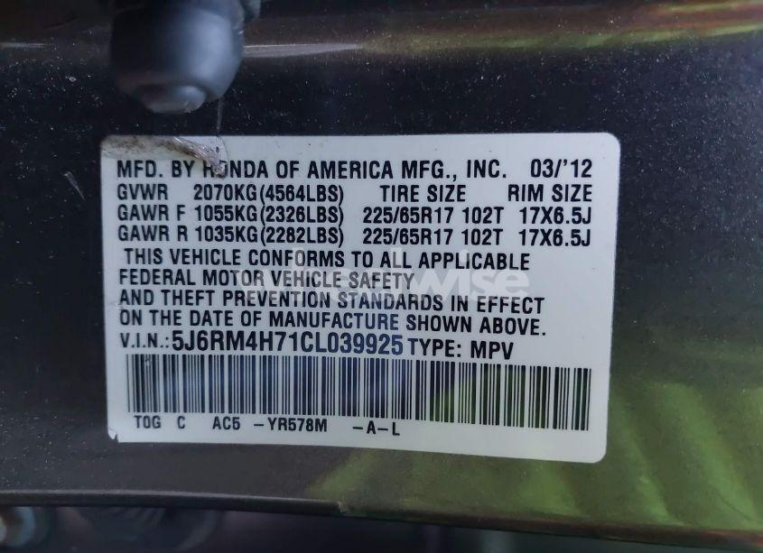 Photo 9 of 2012 Honda Cr-v EX-L (VIN 5J6RM4H71CL039925)