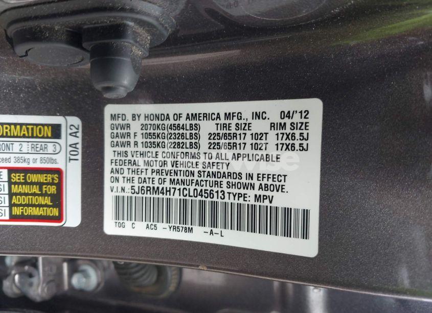 Photo 9 of 2012 Honda Cr-v EX-L (VIN 5J6RM4H71CL045613)