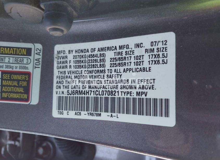 Photo 9 of 2012 Honda Cr-v EX-L (VIN 5J6RM4H71CL070821)