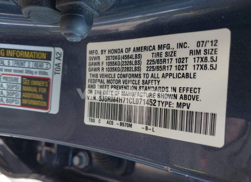 Photo 9 of 2012 Honda Cr-v EX-L (VIN 5J6RM4H71CL071452)