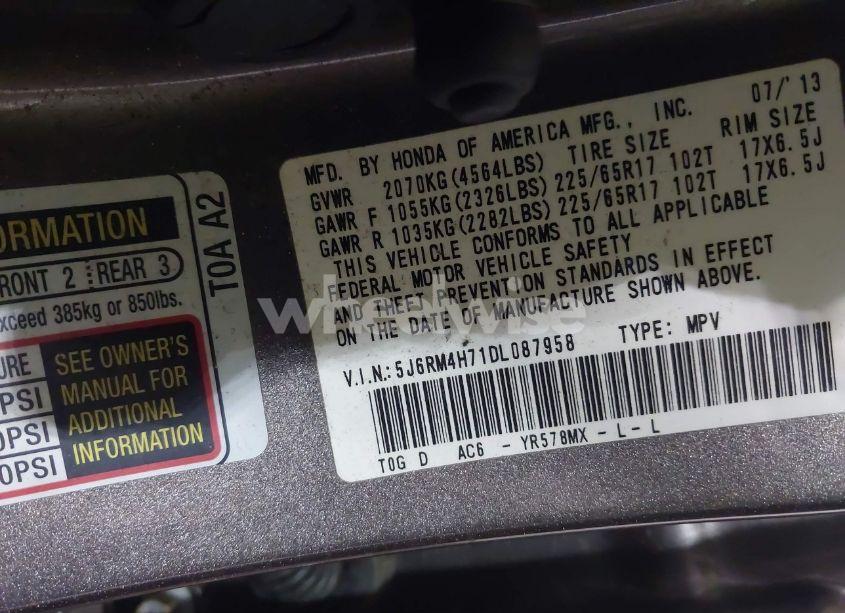 Photo 9 of 2013 Honda Cr-v EX-L (VIN 5J6RM4H71DL087958)