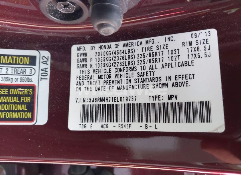 Photo 9 of 2014 Honda Cr-v EX-L (VIN 5J6RM4H71EL019757)