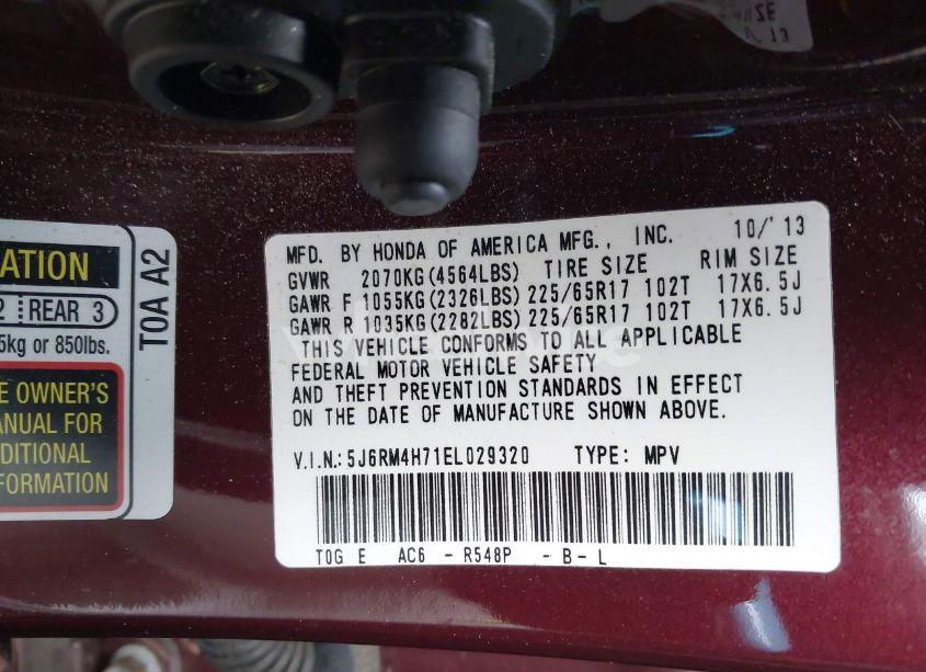 Photo 9 of 2014 Honda Cr-v EX-L (VIN 5J6RM4H71EL029320)