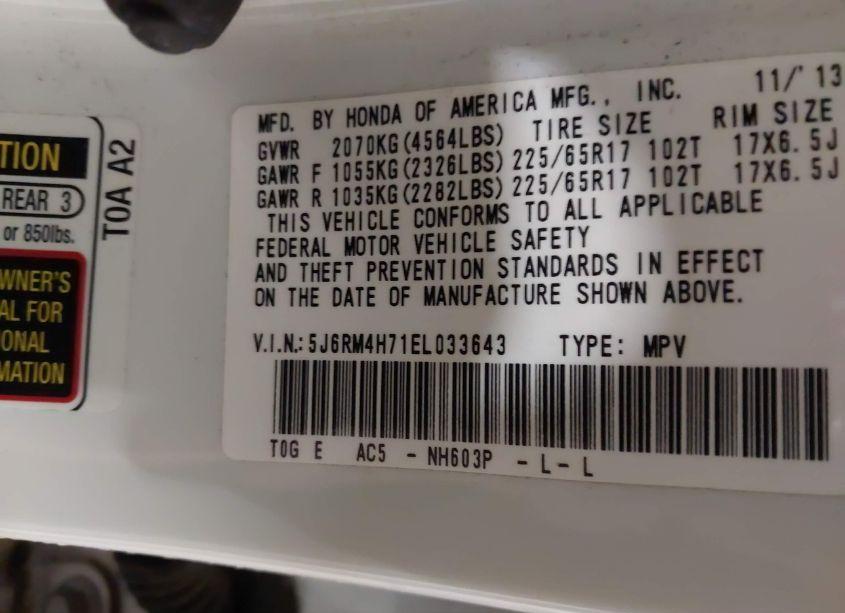 Photo 9 of 2014 Honda Cr-v EX-L (VIN 5J6RM4H71EL033643)