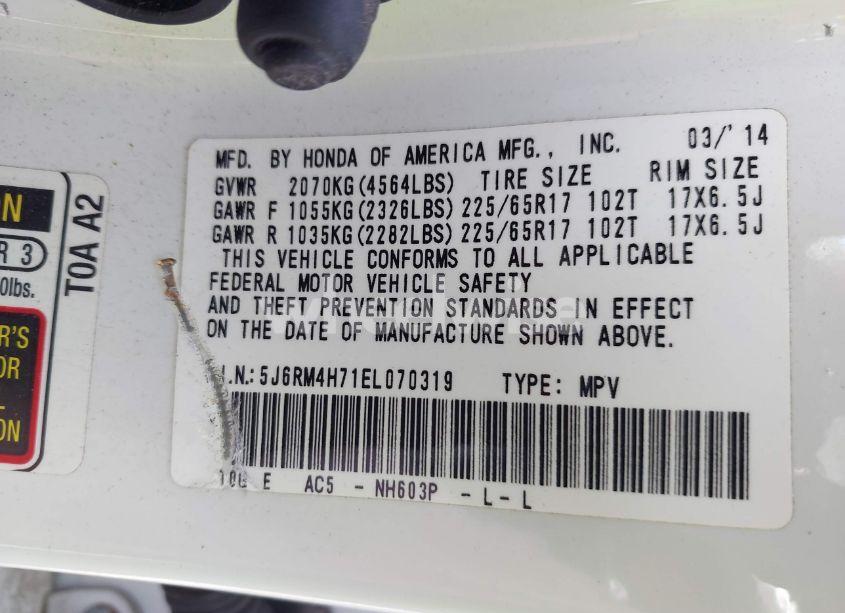 Photo 9 of 2014 Honda Cr-v EX-L (VIN 5J6RM4H71EL070319)