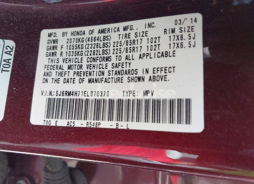 Photo 9 of 2014 Honda Cr-v EX-L (VIN 5J6RM4H71EL070370)