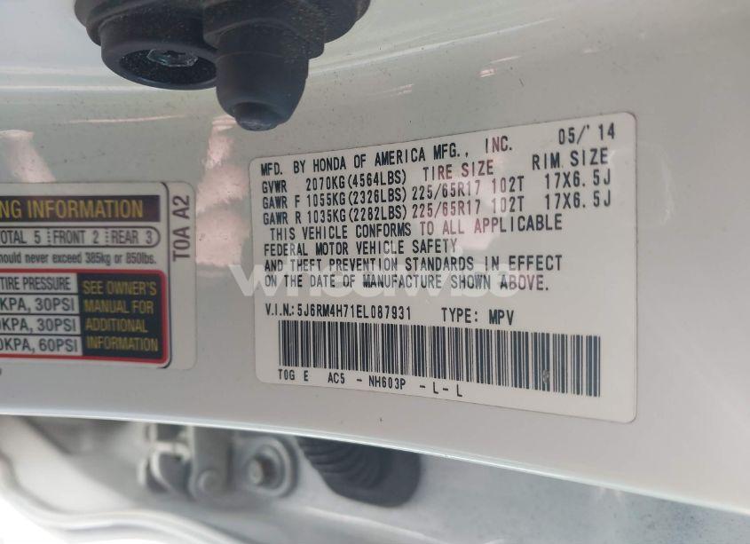 Photo 9 of 2014 Honda Cr-v EX-L (VIN 5J6RM4H71EL087931)