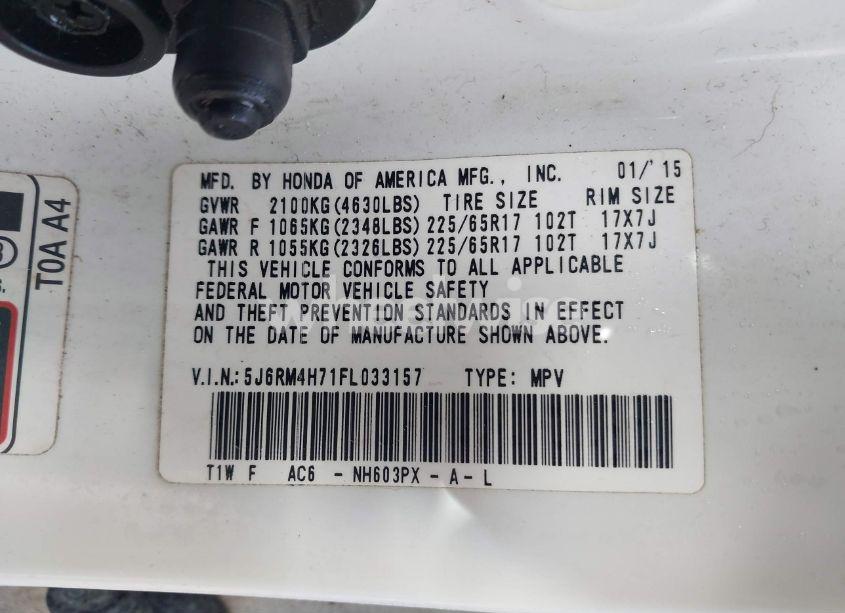 Photo 9 of 2015 Honda Cr-v EX-L (VIN 5J6RM4H71FL033157)