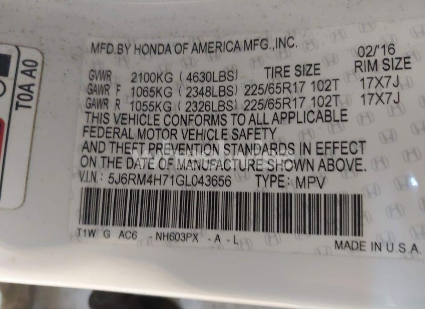 Photo 9 of 2016 Honda Cr-v EX-L (VIN 5J6RM4H71GL043656)