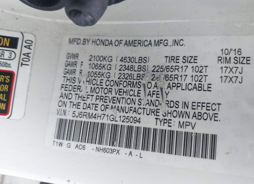 Photo 9 of 2016 Honda Cr-v EX-L (VIN 5J6RM4H71GL125094)