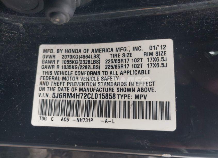 Photo 9 of 2012 Honda Cr-v EX-L (VIN 5J6RM4H72CL015858)