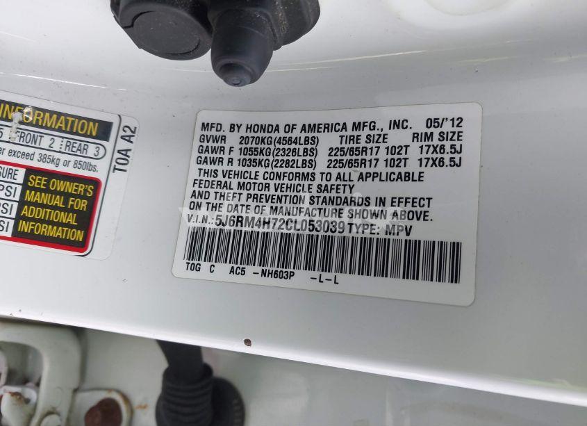 Photo 9 of 2012 Honda Cr-v EX-L (VIN 5J6RM4H72CL053039)