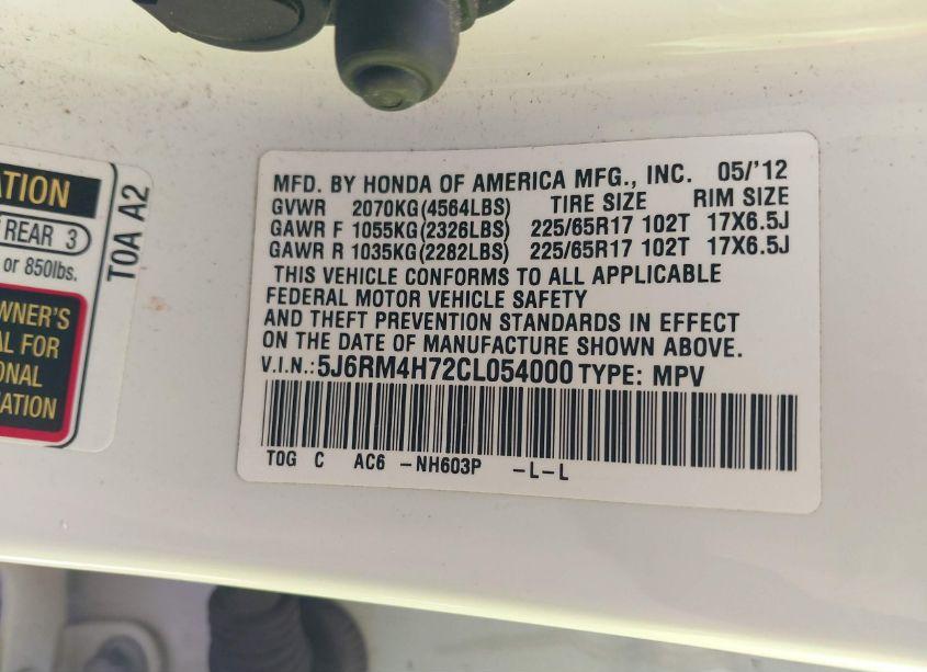 Photo 9 of 2012 Honda Cr-v EX-L (VIN 5J6RM4H72CL054000)