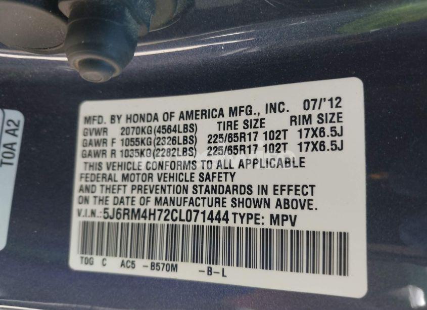 Photo 9 of 2012 Honda Cr-v EX-L (VIN 5J6RM4H72CL071444)