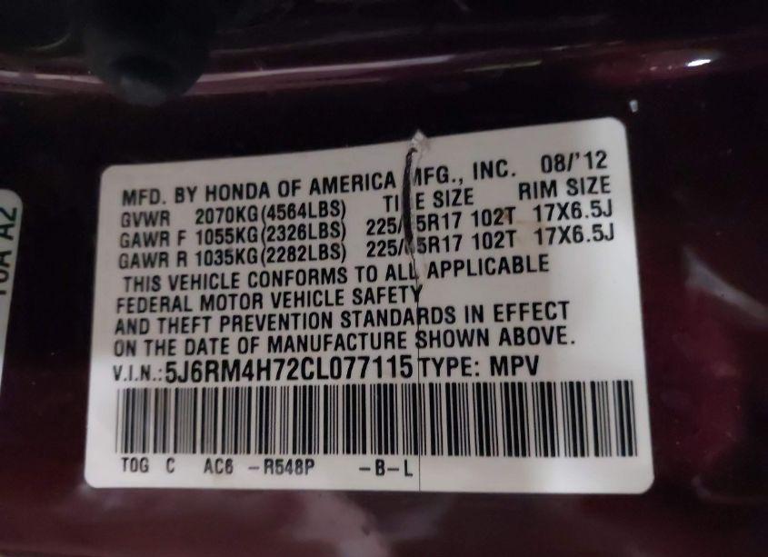 Photo 9 of 2012 Honda Cr-v EX-L (VIN 5J6RM4H72CL077115)