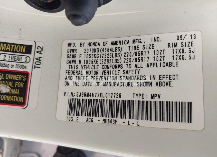 Photo 9 of 2014 Honda Cr-v EX-L (VIN 5J6RM4H72EL017726)