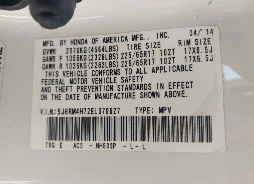 Photo 9 of 2014 Honda Cr-v EX-L (VIN 5J6RM4H72EL079627)