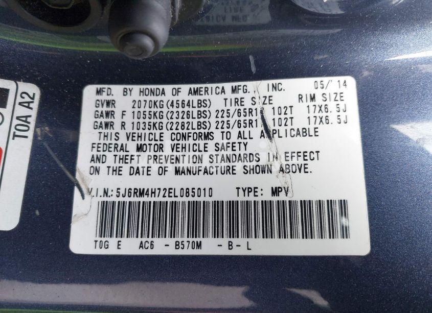 Photo 9 of 2014 Honda Cr-v EX-L (VIN 5J6RM4H72EL085010)