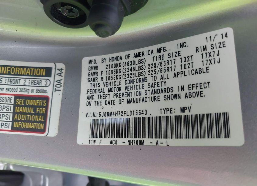 Photo 9 of 2015 Honda Cr-v EX-L (VIN 5J6RM4H72FL015640)