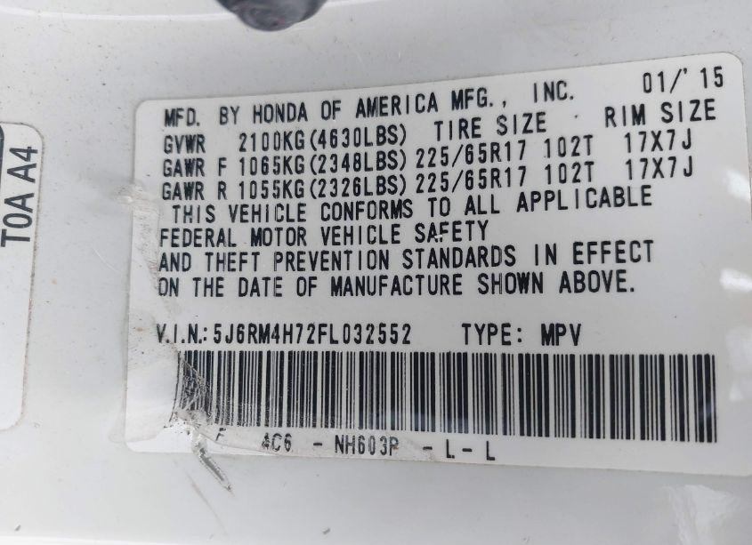 Photo 9 of 2015 Honda Cr-v EX-L (VIN 5J6RM4H72FL032552)