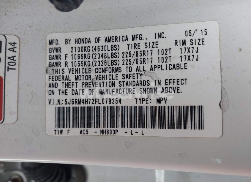 Photo 9 of 2015 Honda Cr-v EX-L (VIN 5J6RM4H72FL079354)