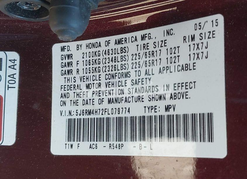 Photo 9 of 2015 Honda Cr-v EX-L (VIN 5J6RM4H72FL079774)