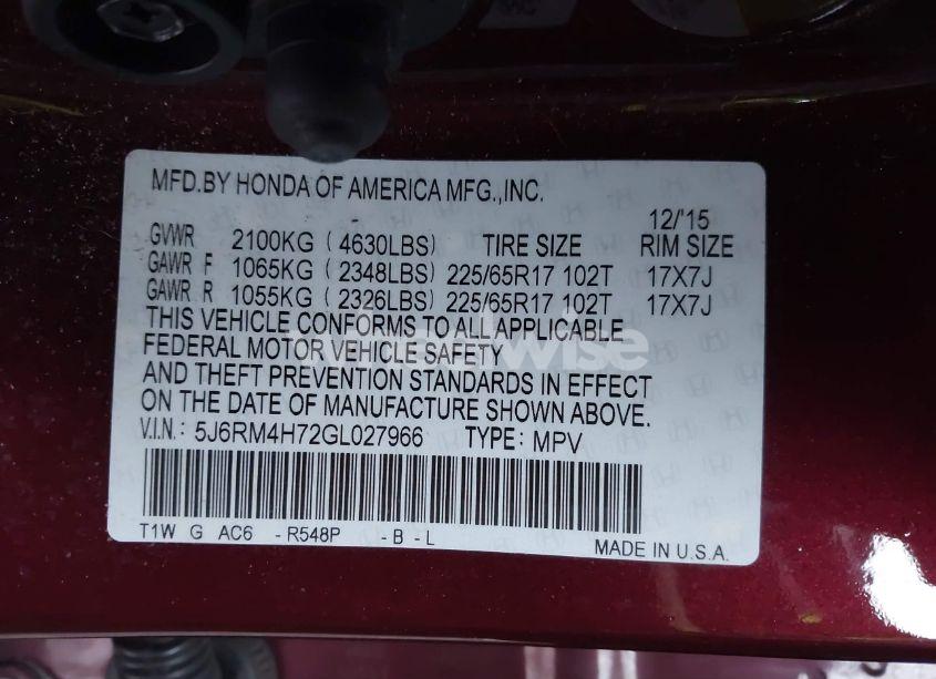 Photo 9 of 2016 Honda Cr-v EX-L (VIN 5J6RM4H72GL027966)