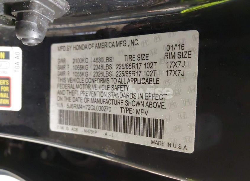 Photo 9 of 2016 Honda Cr-v EX-L (VIN 5J6RM4H72GL030270)