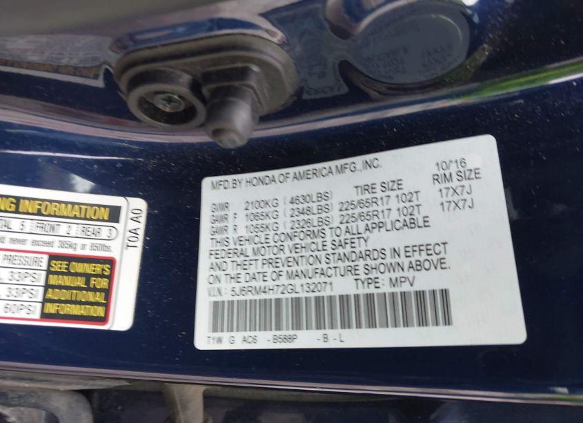 Photo 9 of 2016 Honda Cr-v EX-L (VIN 5J6RM4H72GL132071)