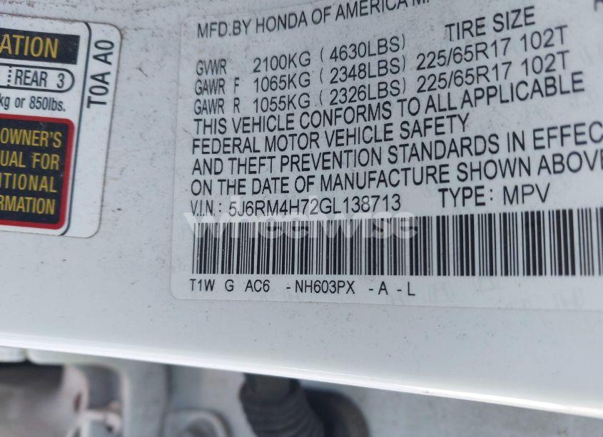 Photo 9 of 2016 Honda Cr-v EX-L (VIN 5J6RM4H72GL138713)