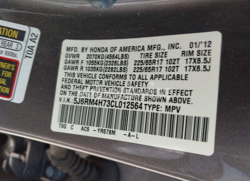 Photo 9 of 2012 Honda Cr-v EXL (VIN 5J6RM4H73CL012564)