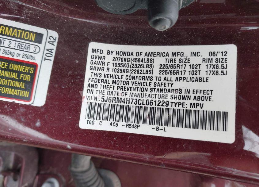 Photo 9 of 2012 Honda Cr-v EX-L (VIN 5J6RM4H73CL061229)