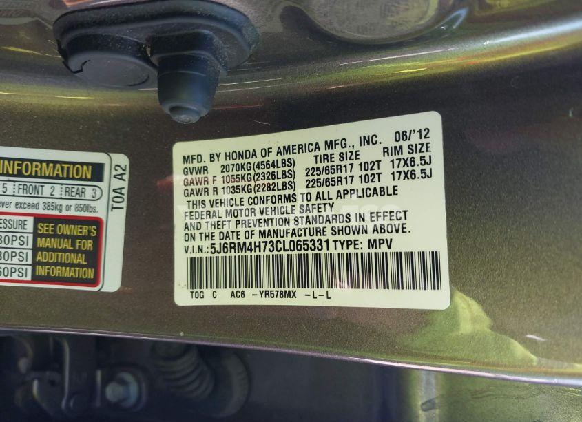 Photo 9 of 2012 Honda Cr-v EX-L (VIN 5J6RM4H73CL065331)