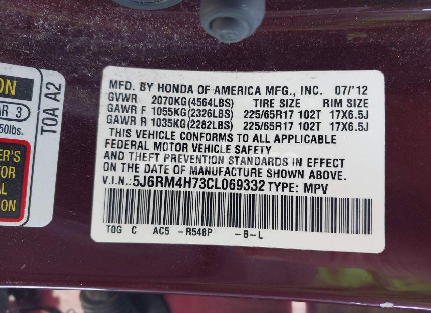 Photo 9 of 2012 Honda Cr-v EX-L (VIN 5J6RM4H73CL069332)