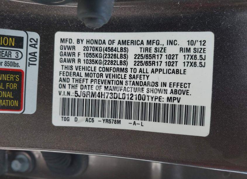 Photo 9 of 2013 Honda Cr-v EX-L (VIN 5J6RM4H73DL012100)