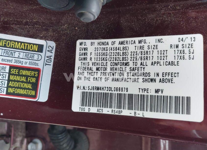 Photo 9 of 2013 Honda Cr-v EX-L (VIN 5J6RM4H73DL066979)