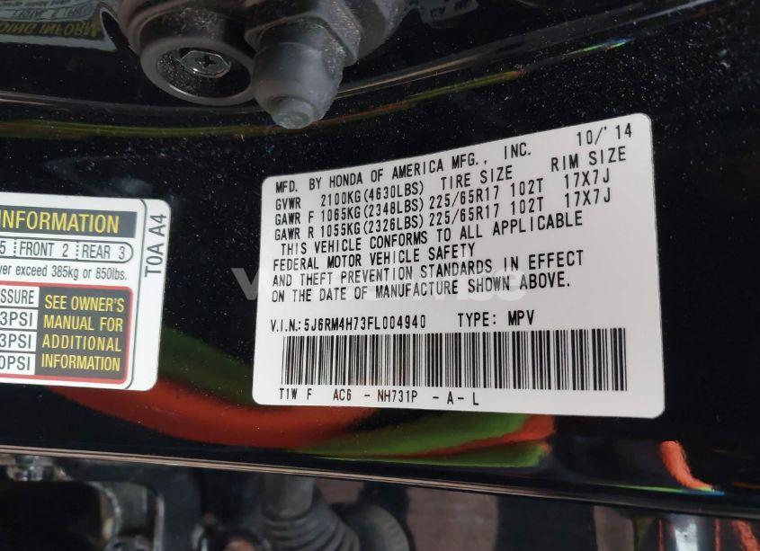 Photo 9 of 2015 Honda Cr-v EX-L (VIN 5J6RM4H73FL004940)