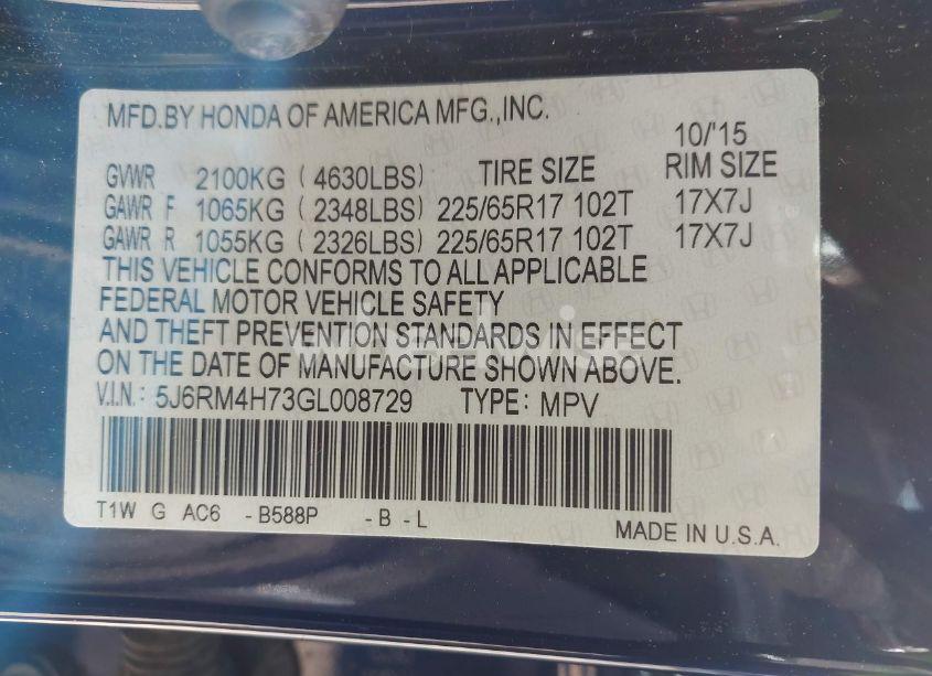 Photo 9 of 2016 Honda Cr-v EX-L (VIN 5J6RM4H73GL008729)