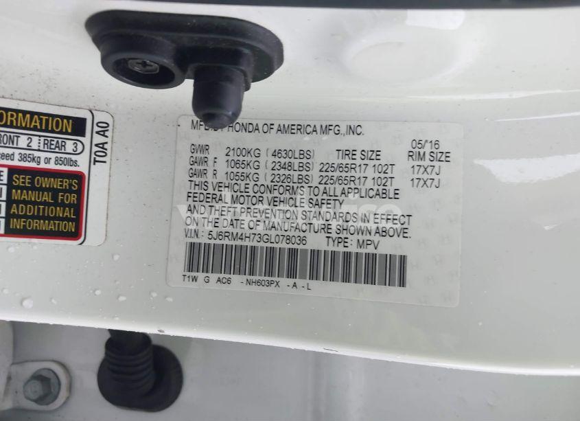 Photo 9 of 2016 Honda Cr-v EX-L (VIN 5J6RM4H73GL078036)