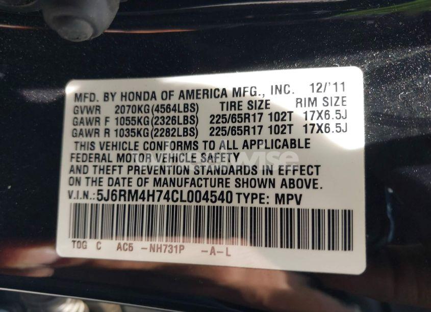 Photo 9 of 2012 Honda Cr-v EXL (VIN 5J6RM4H74CL004540)