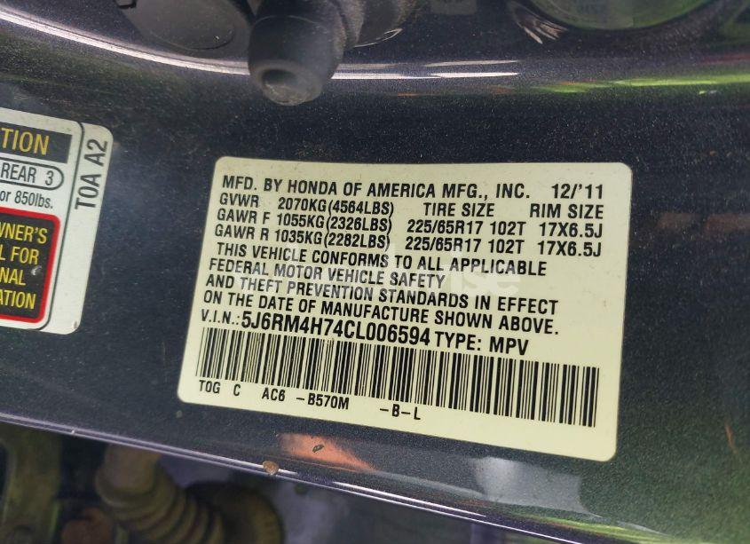 Photo 9 of 2012 Honda Cr-v EX-L (VIN 5J6RM4H74CL006594)