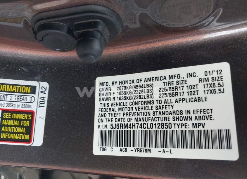 Photo 9 of 2012 Honda Cr-v EX-L (VIN 5J6RM4H74CL012850)