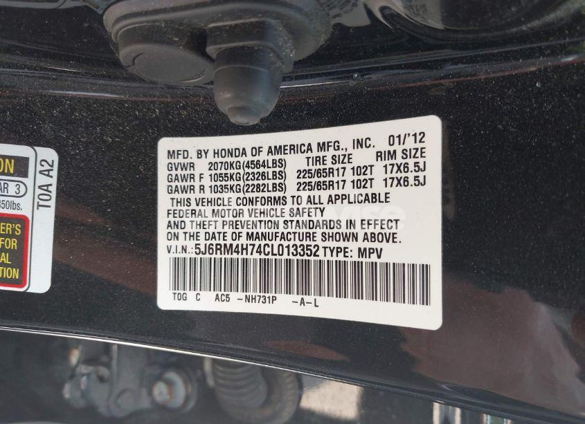 Photo 9 of 2012 Honda Cr-v EX-L (VIN 5J6RM4H74CL013352)