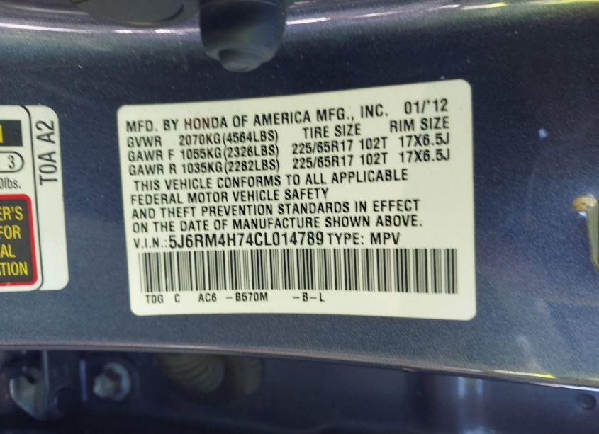 Photo 9 of 2012 Honda Cr-v EX-L (VIN 5J6RM4H74CL014789)